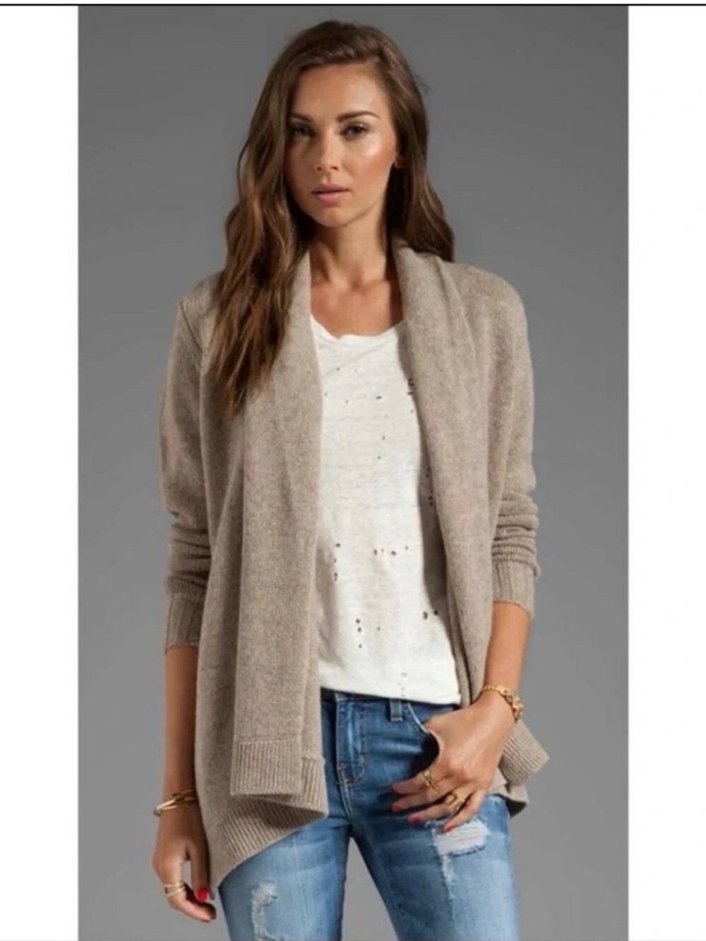Vince Taupe Draped Open Shawl Cardigan Size Medium Wool/Yak/Alpaca/Cashmere